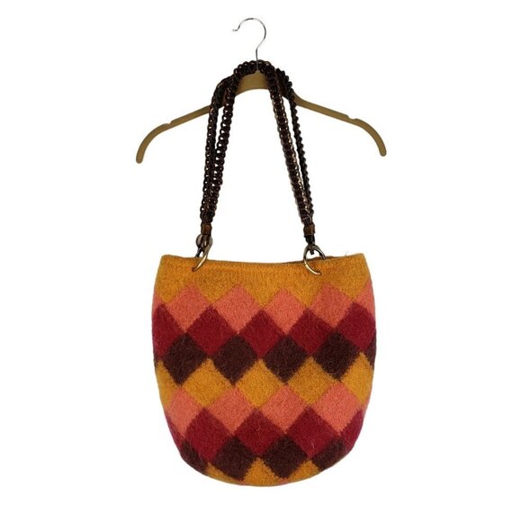 Felted Bucket Shoulder Bag Warm Color Entrelac Wooly Harlequin Argyle Diamond - Picture 1 of 6
